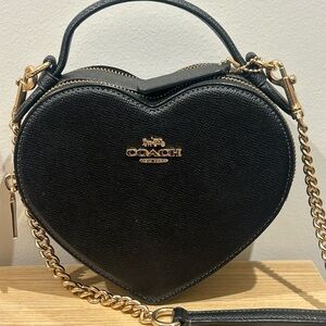 Coach Heart-Shaped Black Crossbody Bag with Gold Accents